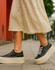 Women's Platform Board Shoes - Embossed Cowhide Leather Sneakers (Black/White) - Chunky Rubber Sole Tie-Up Sports Shoes