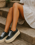 Women's Platform Board Shoes - Embossed Cowhide Leather Sneakers (Black/White) - Chunky Rubber Sole Tie-Up Sports Shoes