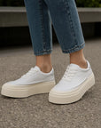 Women's Platform Board Shoes - Embossed Cowhide Leather Sneakers (Black/White) - Chunky Rubber Sole Tie-Up Sports Shoes
