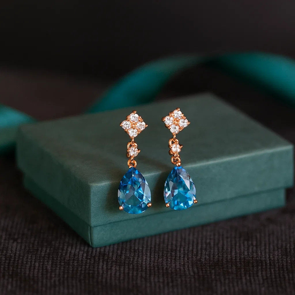 Women’s Natural Blue Topaz Earrings – Sterling Silver S925 Gem Inlay