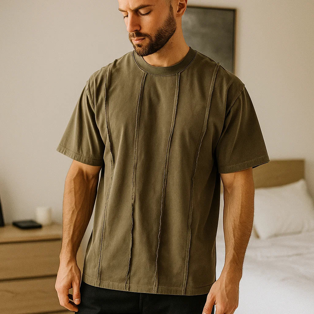 Men’s High Street Retro Patchwork T-Shirt – American Loose-Fit Cotton Short Sleeve