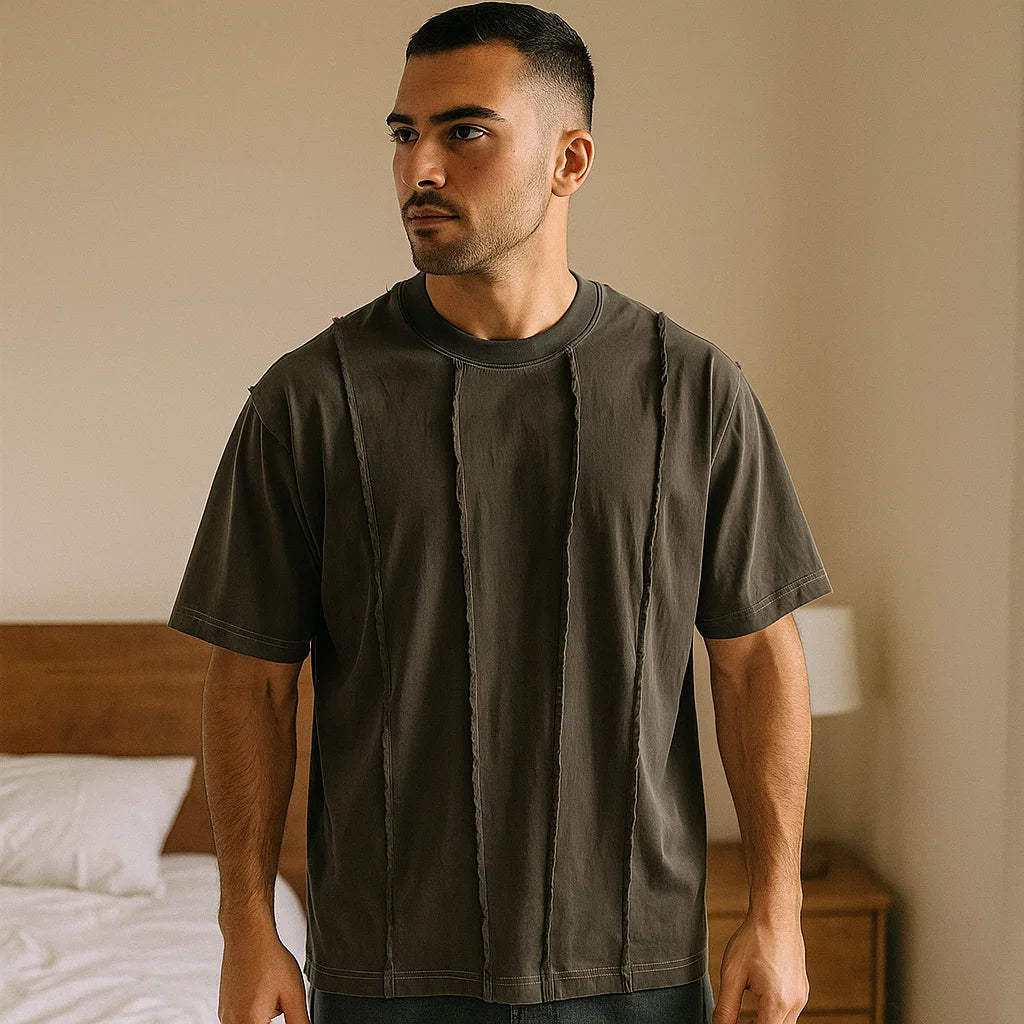 Men’s High Street Retro Patchwork T-Shirt – American Loose-Fit Cotton Short Sleeve