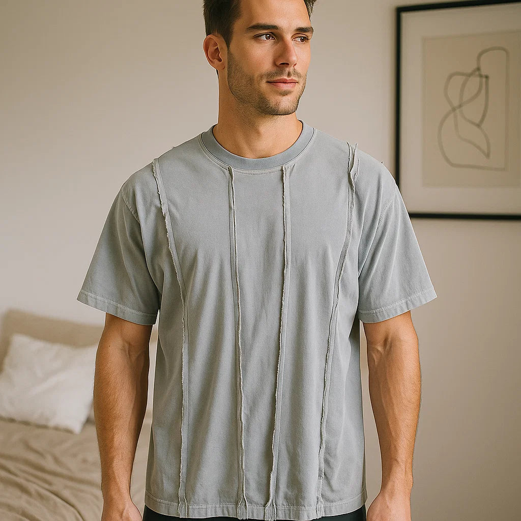 Men’s High Street Retro Patchwork T-Shirt – American Loose-Fit Cotton Short Sleeve