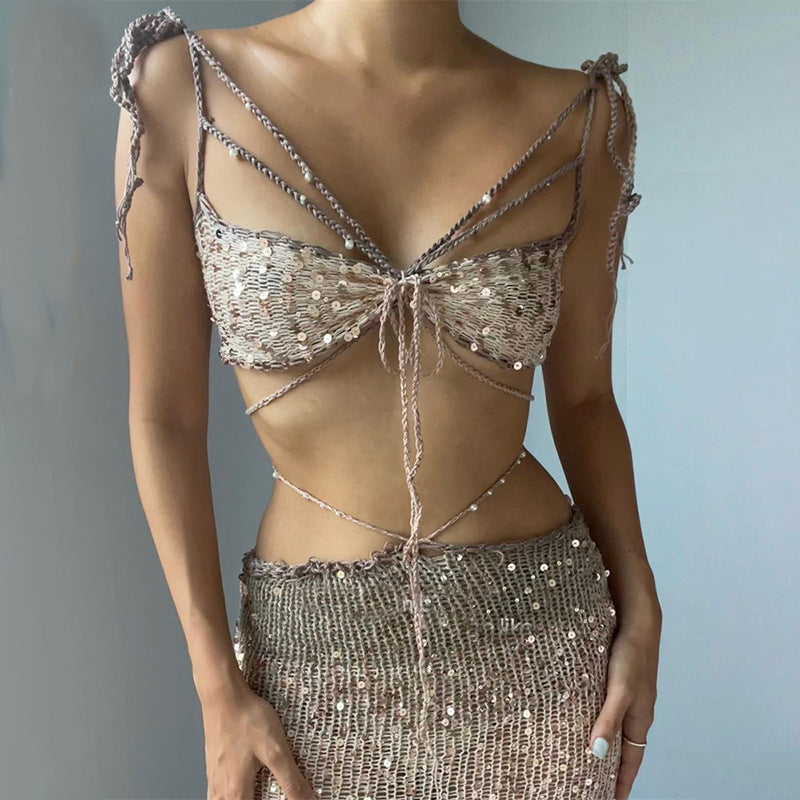 Women’s Sequin & Tulle Two-Piece Set – Glamorous Strappy Top + Flowy Skirt