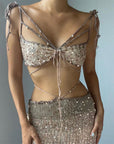 Women’s Sequin & Tulle Two-Piece Set – Glamorous Strappy Top + Flowy Skirt
