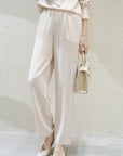 Women's Mulberry Silk Trousers - High Waist Wide Leg Pants (XS-L) - Beige Brown Lightweight Dress Pants for Work & Evening