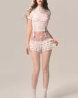 Peach Blossom Bud White French Lace Shorts