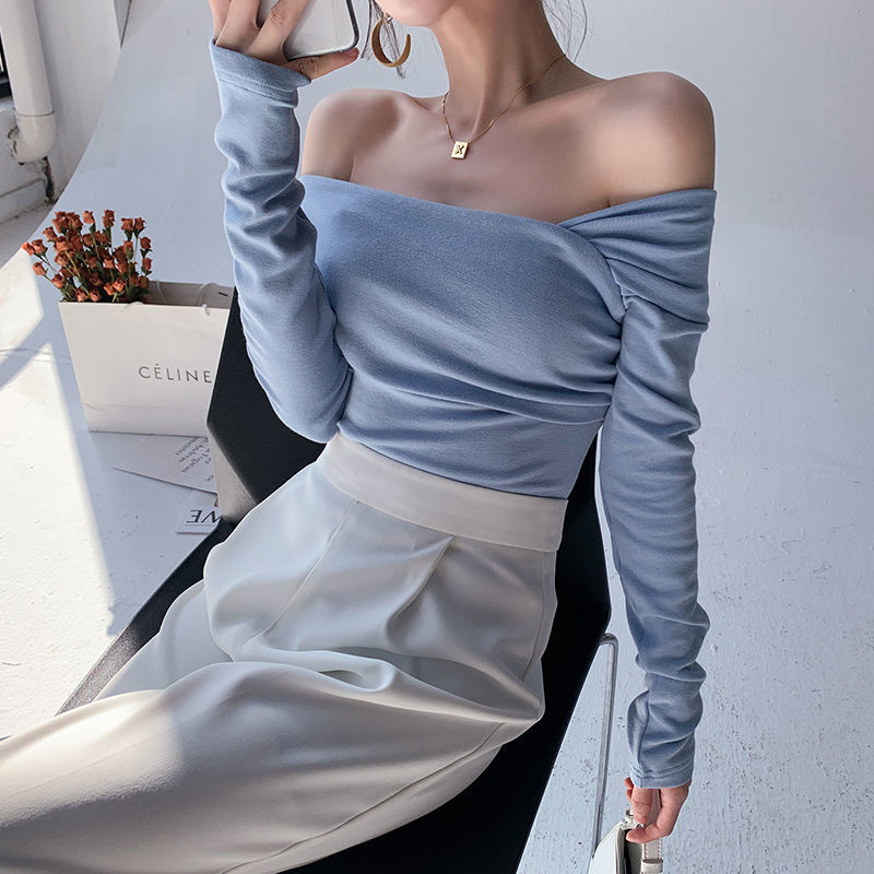 Haut asymétrique à épaules dénudées pour femme - Chemisier à manches longues style coréen (jaune d'œuf bleu, polyester, chic et séduisant)