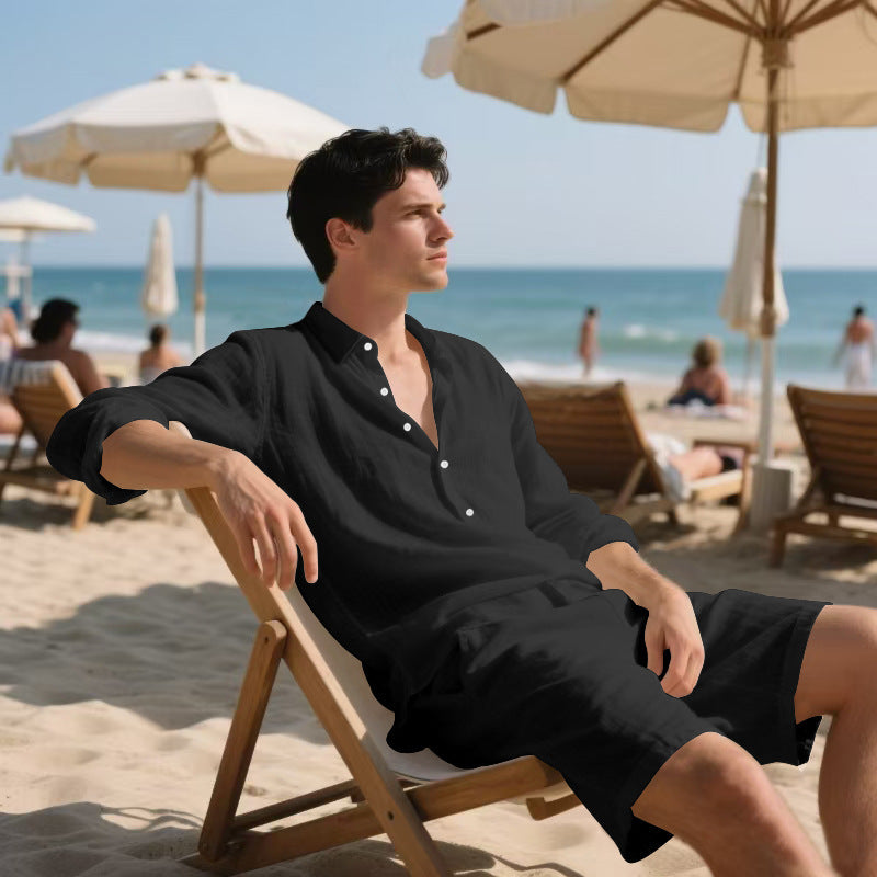 🌴 Men's Linen Beach Suit Set – Long Sleeve Shirt & Casual Shorts (6 Colors) – Breathable Summer Style