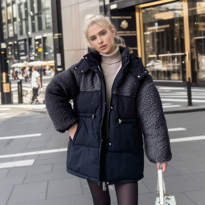 Women’s Cotton-Padded Lamb Wool Coat – Drawstring Waist Thickened Winter Jacket