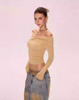 Women’s Off-Shoulder T-Shirt - Slim Fit Lyocell Blend Top (Yellow, Long/Short Sleeve Options, Spring Casual Wear)