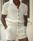 Vertical Stripe Suit Set – Slim Lapel Shirt & Shorts for Effortless Summer Style