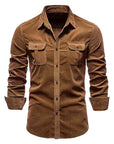 Men’s Corduroy Long Sleeve Slim Fit Shirt – Ribbed Cotton Lapel Collar Business Casual Button-Down Top