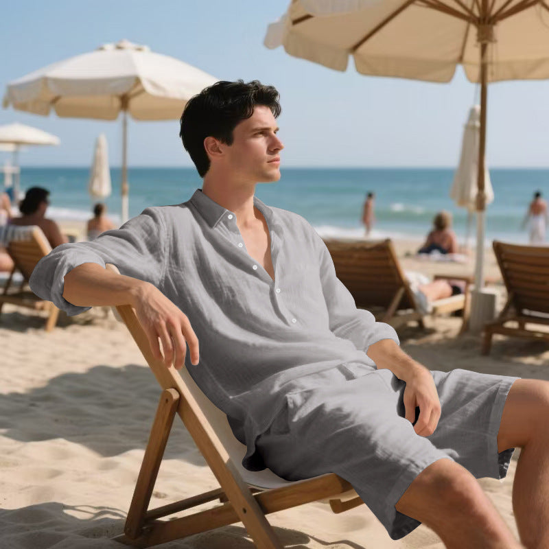 🌴 Men's Linen Beach Suit Set – Long Sleeve Shirt & Casual Shorts (6 Colors) – Breathable Summer Style