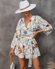 Women’s Autumn Floral V-Neck Long Sleeve Shorts Jumpsuit – Elegant Bohemian Chic Romper