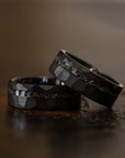 Men’s 8mm Black Tungsten Steel Ring – Hammer Pattern with Crushed Meteorite Inlay