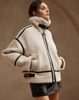 Women’s Thickened Lamb-Mohair Leather-Look Biker Jacket – Sweet Style Fur-Collar Patchwork Coat