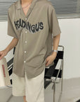 Men's Hong Kong Style Shirt - Korean Loose Fit Summer Top (Apricot Gray) - Breathable Cotton Casual Printed Shirt (M-XL)
