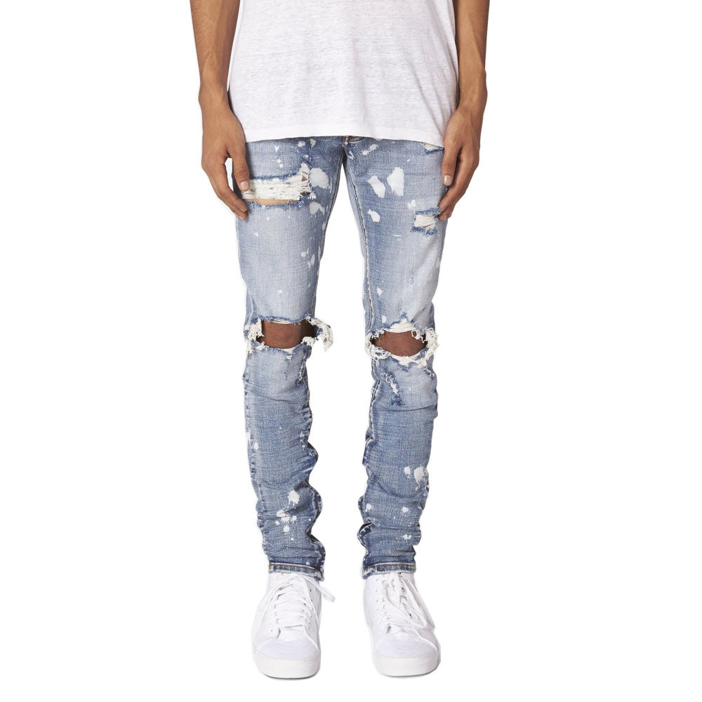 Jean skinny déchiré pour homme – Pantalon en denim de coton vieilli (blanc neige/bleu clair/noir) – Taille mi-haute, coupe slim pour jeunes (tailles 29-38)