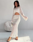 Women’s Hollow-Out Knitted Suit Skirt Set – Long-Sleeve Net Woven Two-Piece Outfit