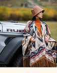 Women’s Ethnic Vintage Print Shawl – Double-Sided Tassel Artistic Cloak