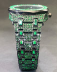 Men’s Hip-Hop Full Rhinestone Quartz Watch – Luxury Green Alloy Fashion Timepiece