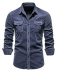 Men’s Corduroy Long Sleeve Slim Fit Shirt – Ribbed Cotton Lapel Collar Business Casual Button-Down Top