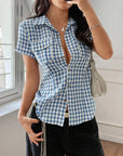 Women’s Hot Girl Plaid Short Sleeve Button Shirt – Slim Fit Knitted Top