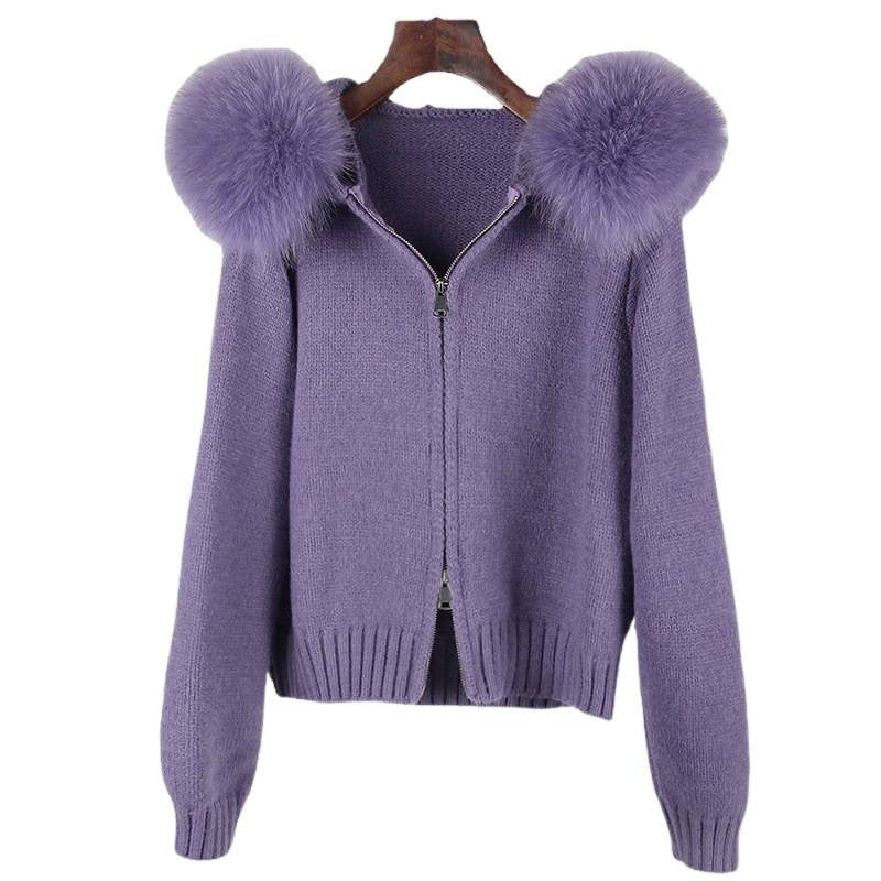 Women’s Hooded Spring Coat – Zipper Cardigan with Real Fox Fur Collar