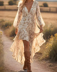 🌸 Women’s V-Neck Irregular Hem Floral Dress – Long Sleeve Fairy Style