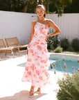 Robe longue à volants et imprimé floral pour femme (rose/violet/bleu) – Robe de soirée sexy sans manches en polyester