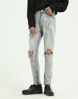 Men High Street Style Light Blue Ripped Jeans – Mid-Waist Distressed Cone-Leg Denim Pants