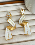 Women Enamel Ribbon Drop Earrings – Gold Plated Copper Stereo Letter Design Statement Jewelry