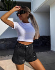 ✨ Women's Rhinestone Embellished Denim Shorts – Street Style Essential (Black/Denim Blue) – Straight Leg Comfort