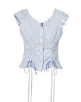 Women's Off-Shoulder Plaid Shirt - Two-Way Drawstring Waist Tie Top (100% Cotton, Blue/White/Red Retro, S-XL)
