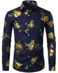 Men Floral Print Long Sleeve Shirt – 3D Digital Printed Stretch Slim Fit Urban Lapel Dress Shirt
