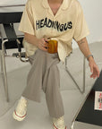 Men's Hong Kong Style Shirt - Korean Loose Fit Summer Top (Apricot Gray) - Breathable Cotton Casual Printed Shirt (M-XL)