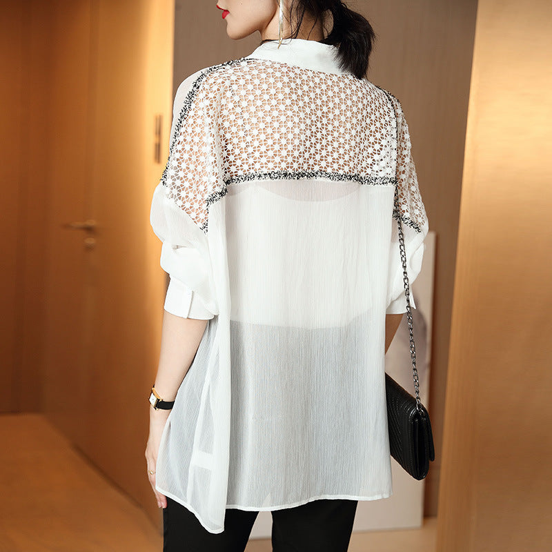 Women’s Summer Chiffon Hollow Lace Shirt – Sexy Single-Breasted Cardigan Blouse
