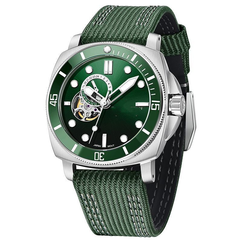 Sports Automatic Mechanical Watch – Luminous Night Display | 20M Waterproof | Nylon-Leather Strap