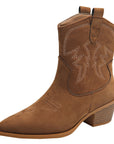 Women’s Short Western Cowboy Boots – Suede Pointed Toe Thick Heel Slip-On Retro Ankle Boots