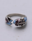Women’s S925 Silver Retro Roasted Blue Koi Ring – Adjustable National Style Jewelry