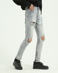 Men High Street Style Light Blue Ripped Jeans – Mid-Waist Distressed Cone-Leg Denim Pants