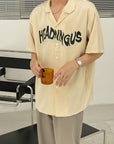 Men's Hong Kong Style Shirt - Korean Loose Fit Summer Top (Apricot Gray) - Breathable Cotton Casual Printed Shirt (M-XL)