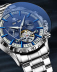 Men’s Full-Automatic Steel Belt Mechanical Watch – Business Elegance with Star-Sea Blue Dial