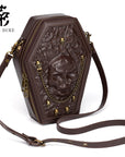 Women’s Gothic Coffin Shape Crossbody Bag – PU Leather Shoulder Purse with Chain Detail & Adjustable Strap