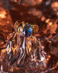Mid-Century Lab Sapphire Ring – Adjustable Gold-Plated Statement Jewelry – Vintage Ruyi Motif