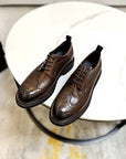 Men Brogue Genuine Leather Shoes – Classic British Carved Lace-Up Dress Shoes with Height Increase Thick Sole
