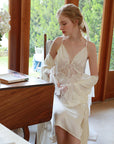 Ensemble chemise de nuit et peignoir pour femme (abricot crème/violet cendré) - Pyjama de luxe 2 pièces (S-XL)