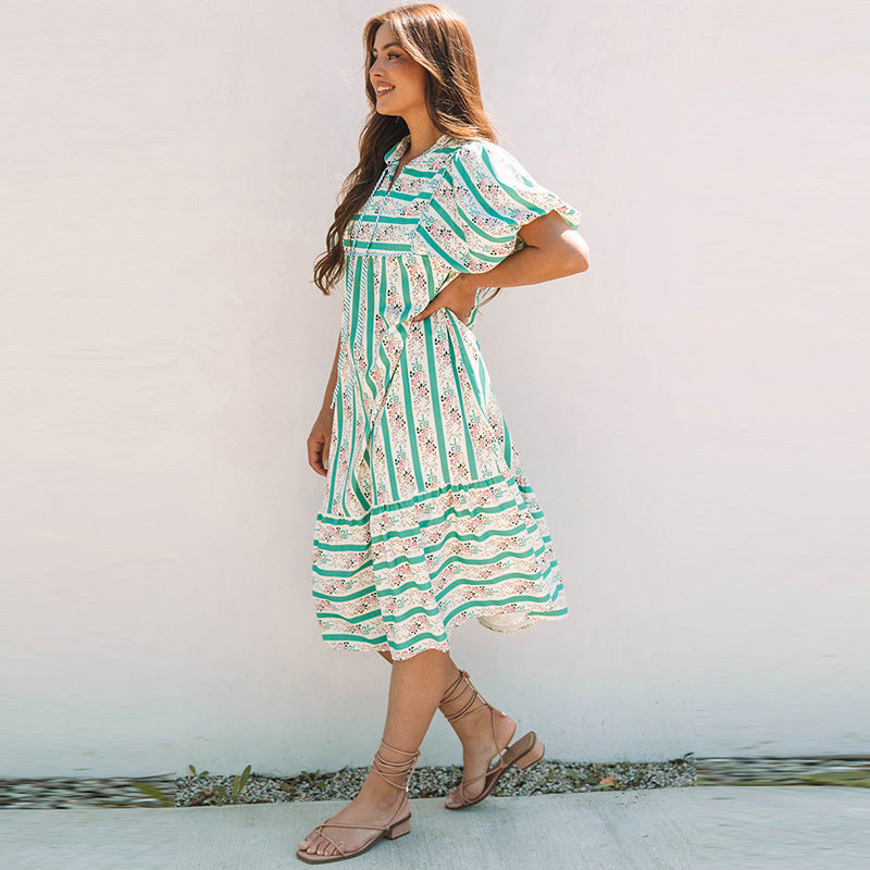 Women's Striped & Plaid Long Dress - Loose Slim Fit High Waist Puff Sleeve Maxi Dress (Polyester, S-XL)