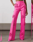 Flower Micro Pants for Women – High-Waisted Long Pants with Floral Decor – White & Pink Polyester Blend
